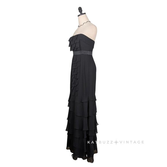 Y2K BCBG Silk Prom Dress Maxi Gown 2 Black Silk Ruffle Glam Grunge Layered Vtg - Picture 9 of 15